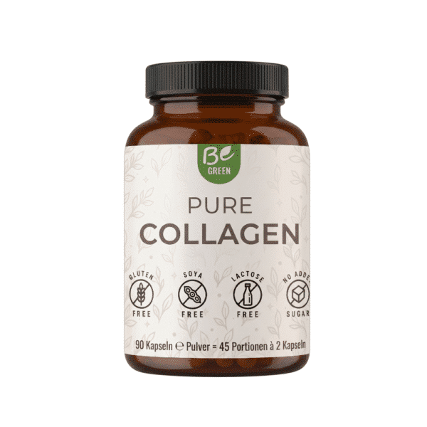 • Be Green Pure Collagen Dose mit 90 Kapseln, glutenfrei, sojafrei, laktosefrei und ohne Zuckerzusatz.