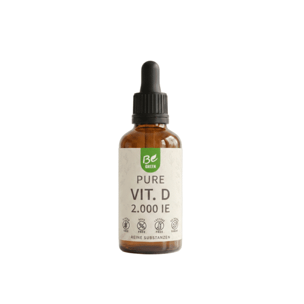 Nahrungsergänzungsmittel Braunglasflasche mit Vitamin D3 Tropfen 2.000 I.E. pro Portion in reinem MCT-Öl auf Kokosbasis.